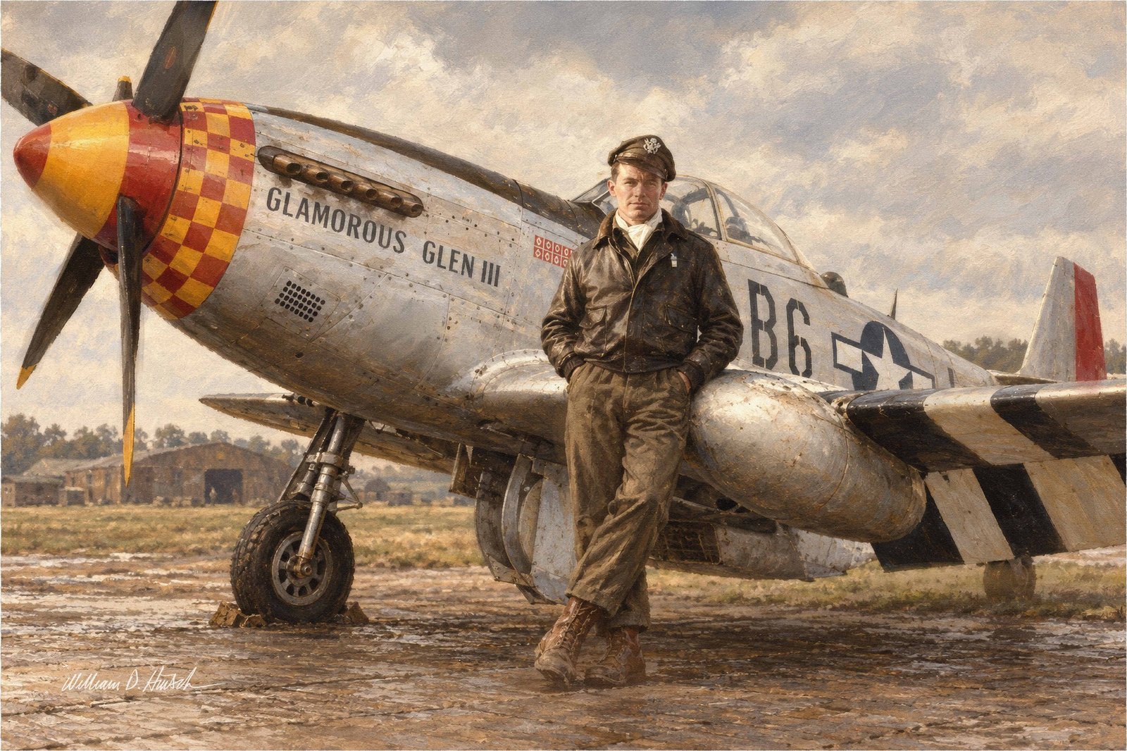Chuck Yeager beside his P-51 Glamorous Glen III, painted by William Dean Hinsch