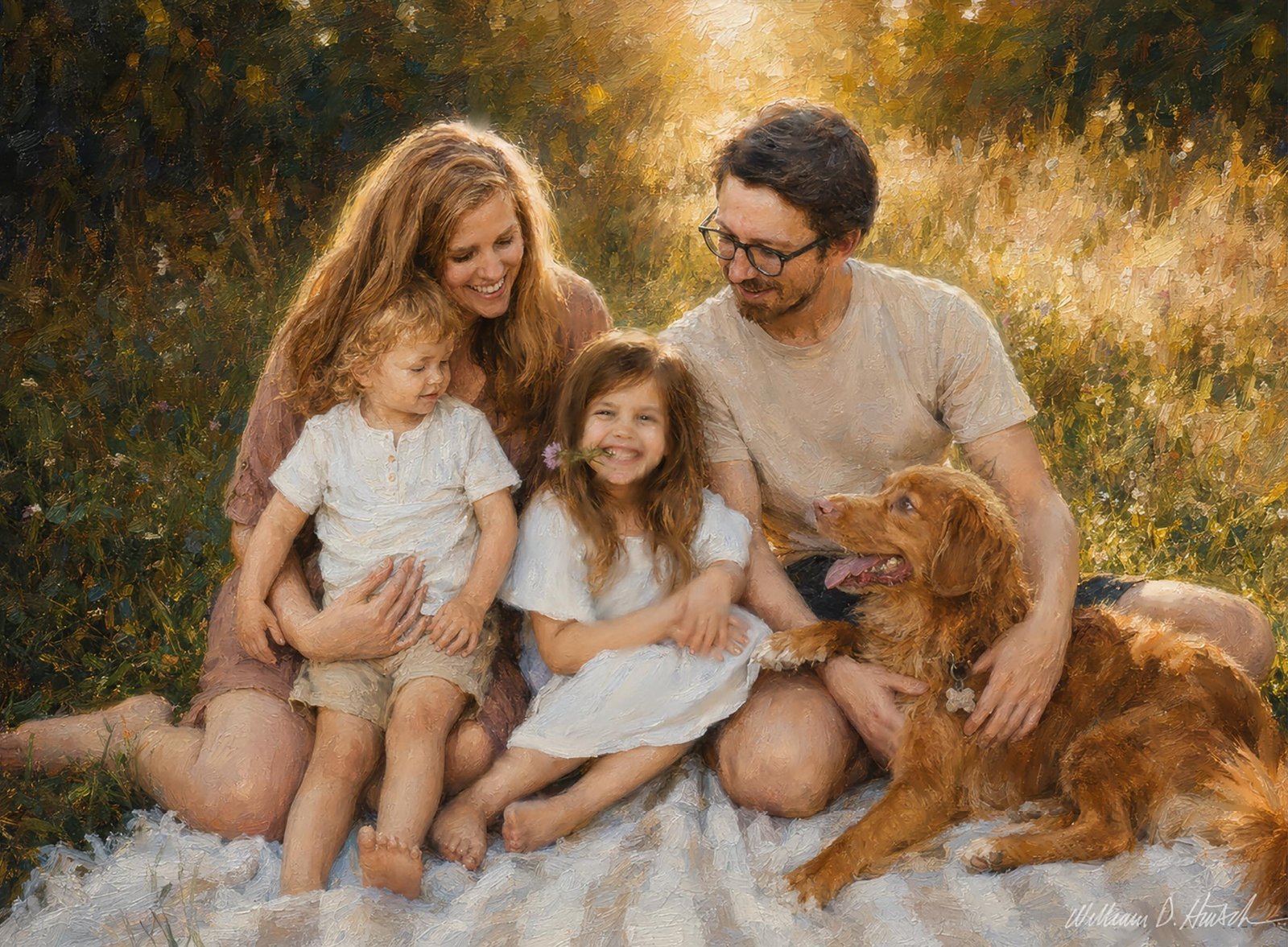 A family and their golden retriever gathered on a blanket, painted by William Dean Hinsch