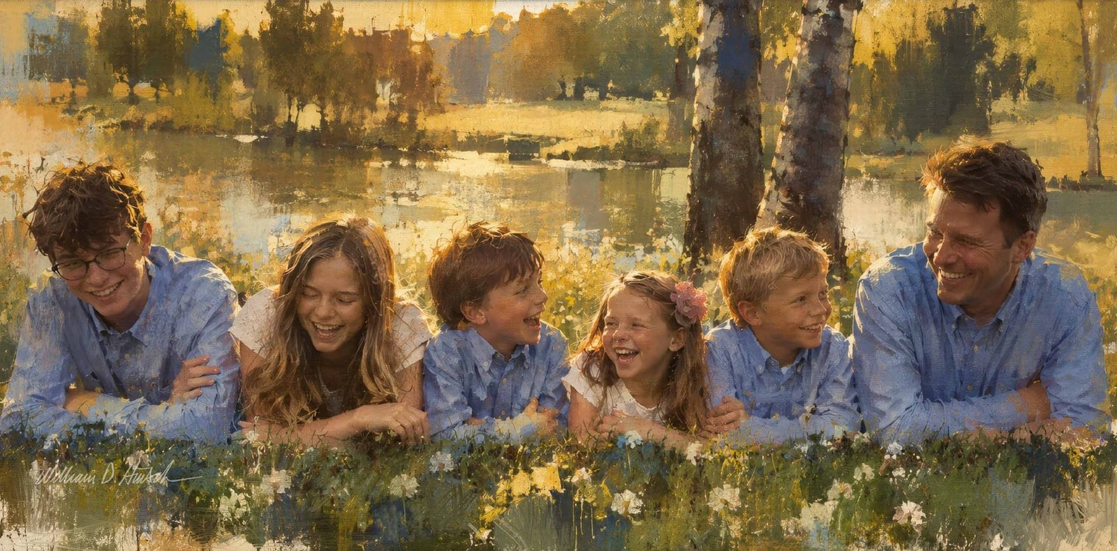 The Simpson family laughing together beside the water, painted by William Dean Hinsch