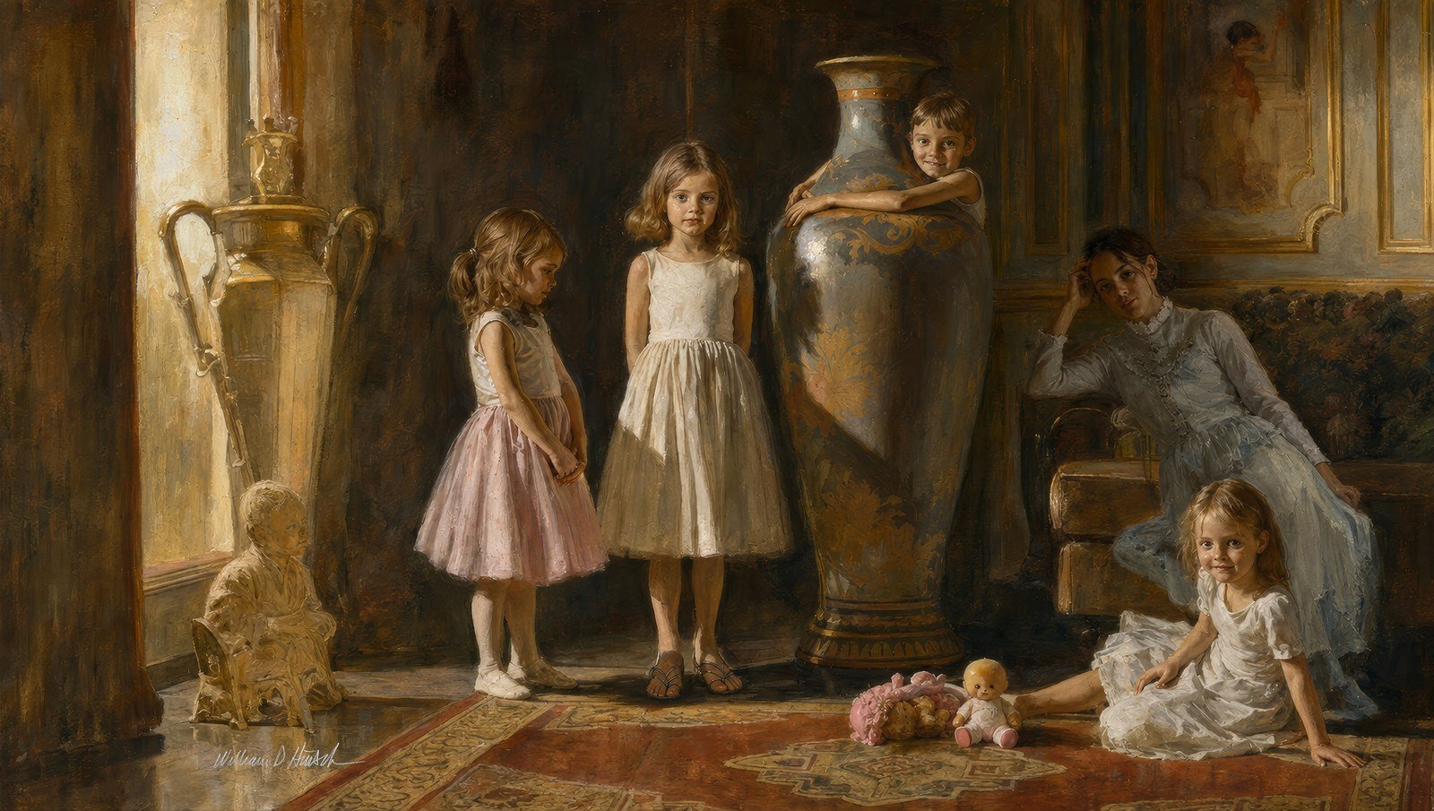 The Sisters, portrait of three children with an antique vase by William Dean Hinsch