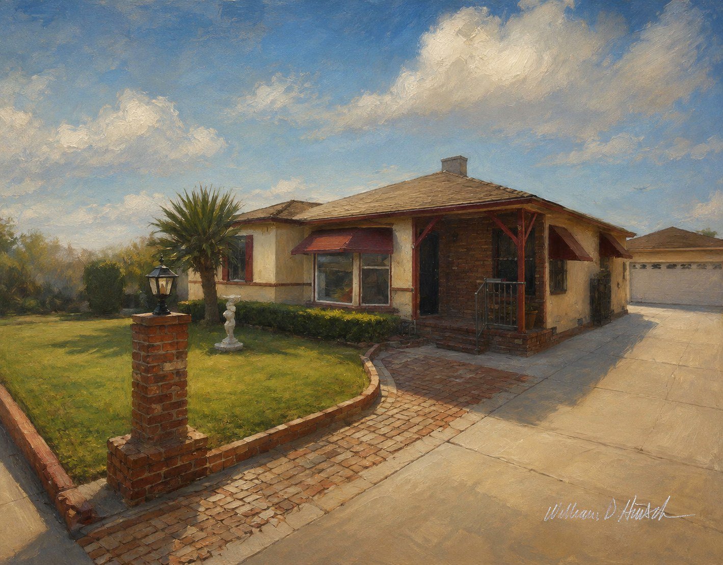 Portrait of a family's ranch-style home with red awnings by William Dean Hinsch