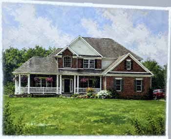 Painted portrait of a brick house with a wraparound porch by William Dean Hinsch