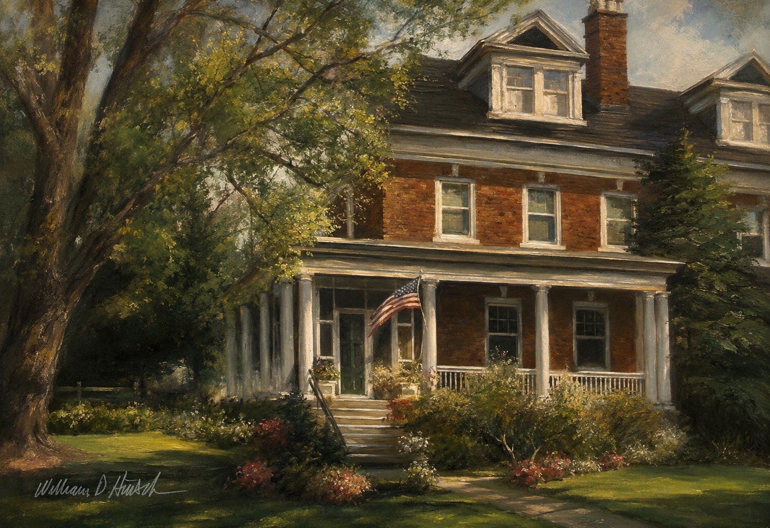 Portrait of a brick Indianapolis home with a front porch by William Dean Hinsch