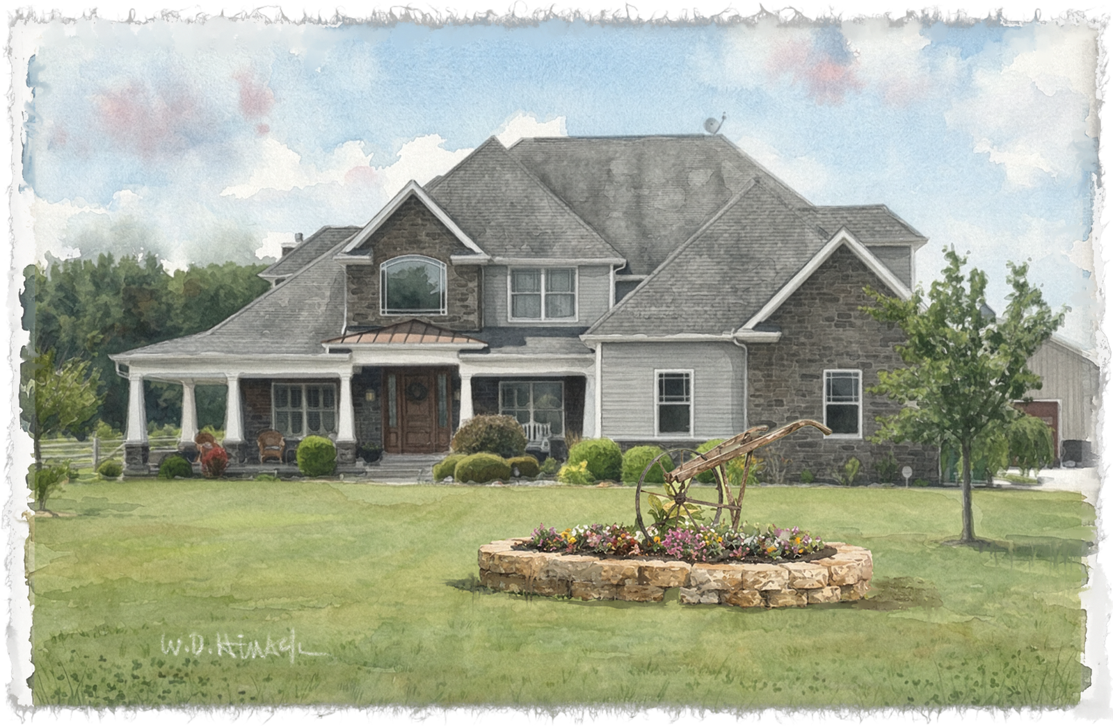 Watercolor portrait of a family home with a wide front porch by William Dean Hinsch