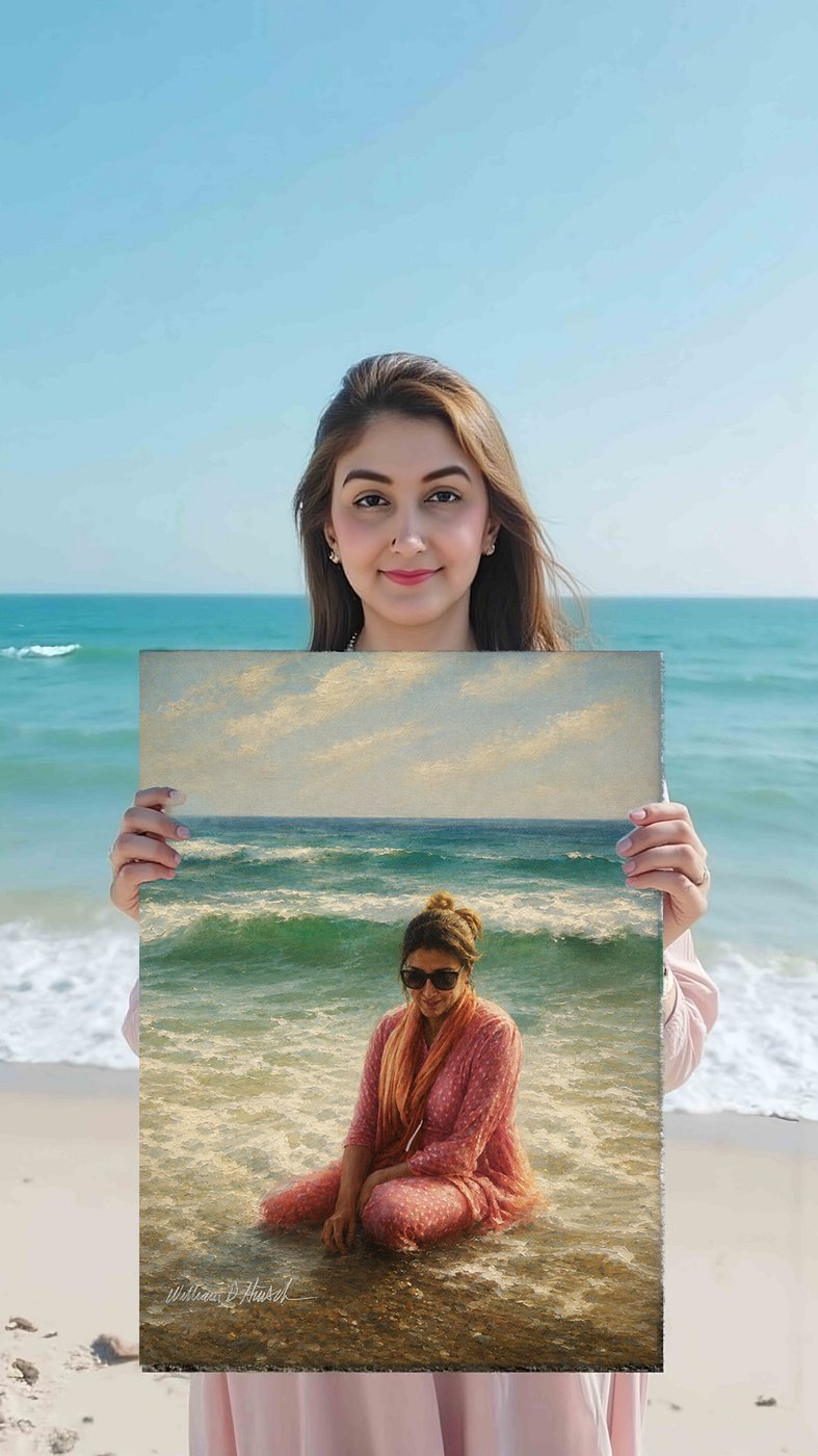 Sana holding the finished painting on Karachi Beach, the same location the painting depicts