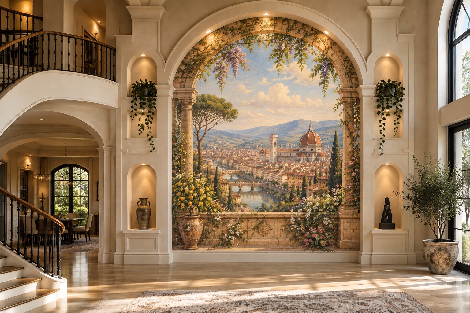 An arched Florence mural with the cathedral and river framed by painted columns, flowering vines, and a terrace, within a grand entrance hall.
