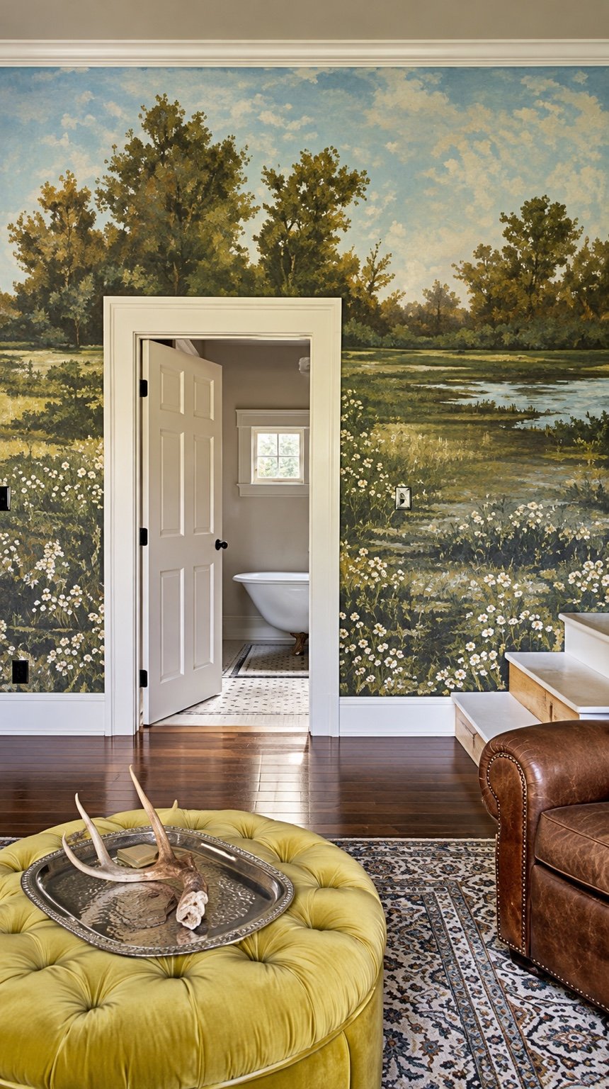 A meadow mural with wildflowers, trees, and a reflective stream, painted around a white doorway in a sitting room.
