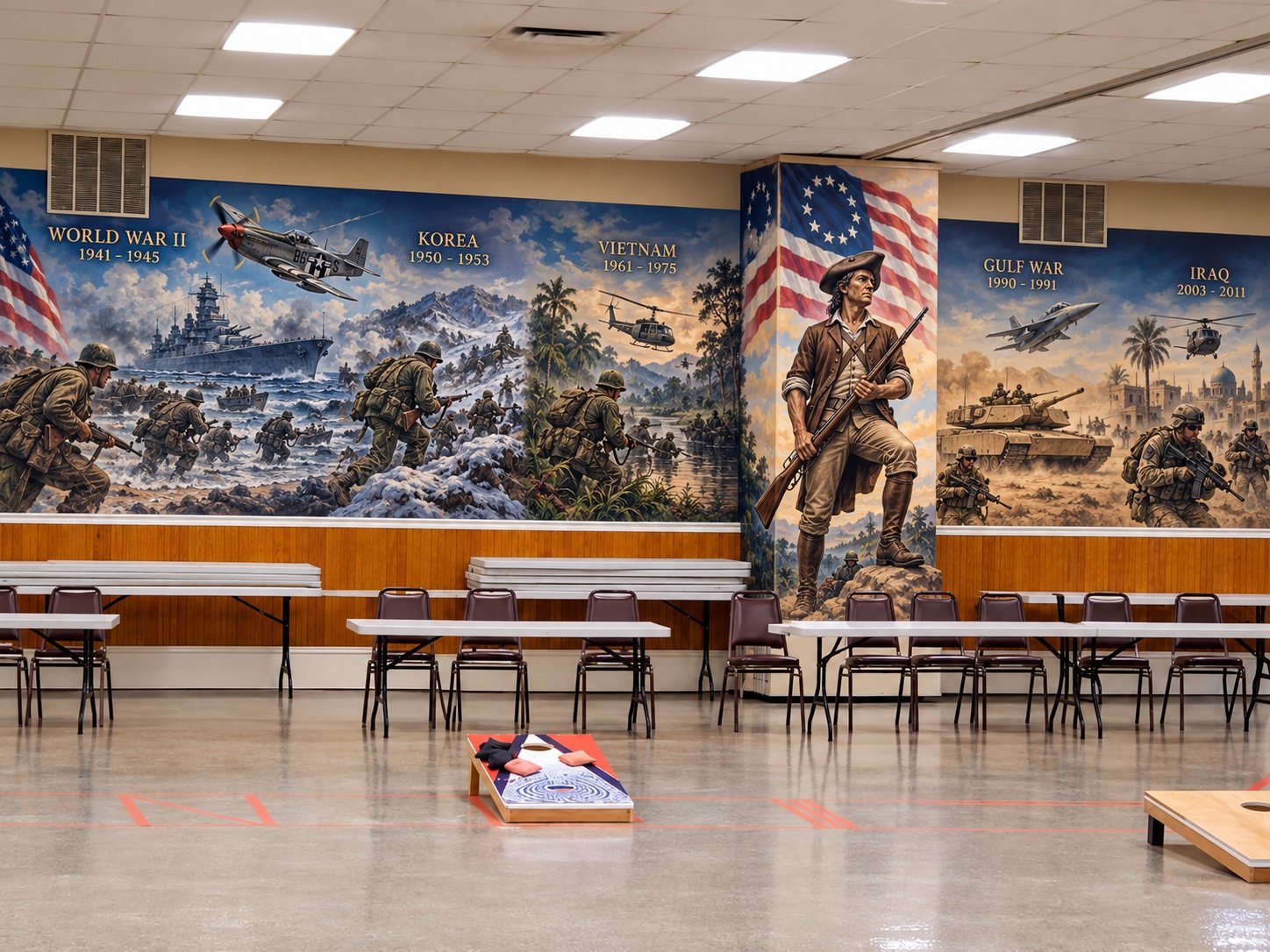 A panoramic military history mural in a community hall, with scenes of service across several wars and a central Revolutionary-era figure beneath an American flag.