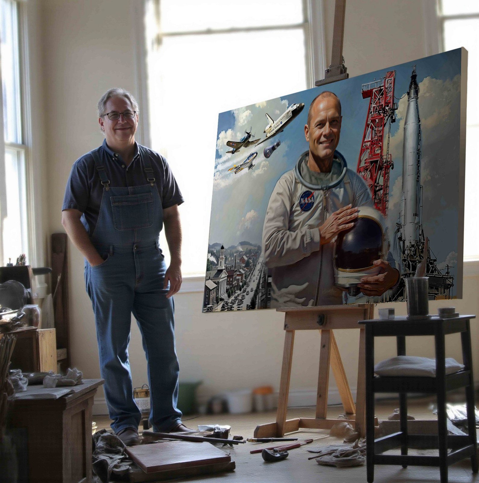 William in his studio beside the finished portrait of astronaut John Glenn