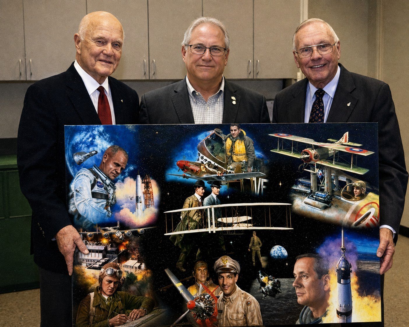 John Glenn, William Dean Hinsch, and Neil Armstrong holding the finished Ohio Aviators: 100th Year of Flight painting